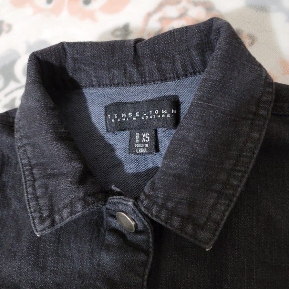TinselTown Denim Couture Dark Wash Jean Jacket Button Up Knit Sweater Sleeve xs - Picture 8 of 11